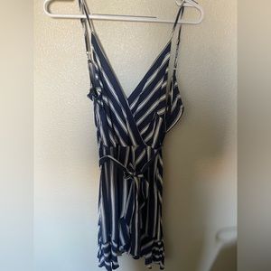 Blue and white striped wrap dress